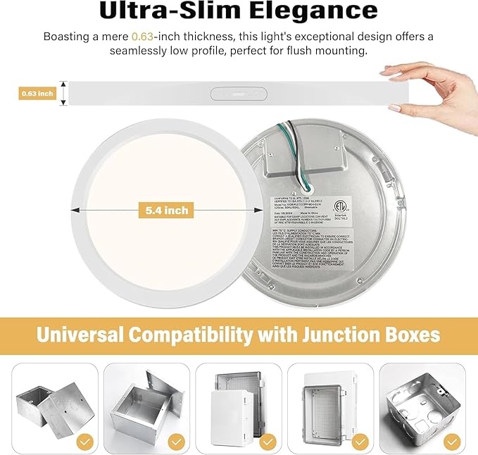 Flush Mount Ceiling Light Fixture - ETL Certified - 5 Inch Dimmable 3000K Warm White LED, 0.63'' Ultra Thin Round Design for Bedroom, Bathroom, Kitchen, Hallway, Basement, Closet (9-Pack)‌