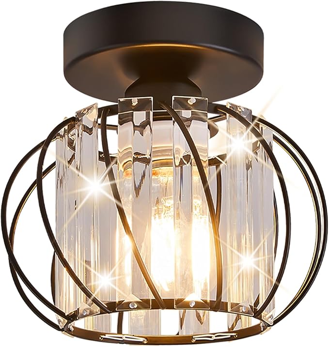Semi Flush Mount Crystal Ceiling Light, Metal Cage Hallway Ceiling Lamps, Farmhouse Ceiling Light Fixture, Industrial Crystal Chandelier for Corridor Bathroom Kitchen (1, Black, 7.5 Inch)