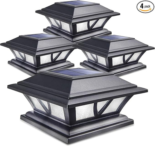 SIEDiNLAR Solar Post Lights Outdoor 2 Modes LED Deck Fence Cap Light for 4x4 5x5 6x6 Posts Patio Garden Decoration Warm White/Cool White Lighting Black (4 Pack)