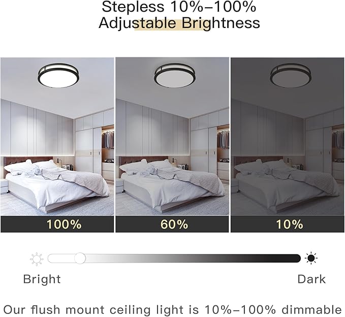 10inch Ceiling Light Fixture 2 Pack Black, 24W Led Ceiling Light Fixture 2400LM, Adjustable Brightness Flush Mount Ceiling Light for Bedroom, 5000K Daylight White, ETL Listed, Easy to Install