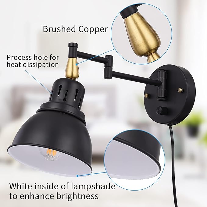 TRLIFE Dimmable Swing Arm Wall Lights with Plug in Cord Wall Mounted Light Industrial Wall Sconce , E26 Base, UL Listed(1 Pack)