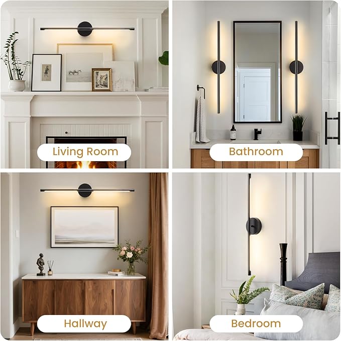 Lightania Wall Sconces Set of Two, 28'' Modern Black LED Wall Lights, 360° Rotatable, 2700K-5000K Adjustable, Hardwired 3CCT Dimmable Wall Sconce Light Fixture for Living Room Bedroom Hallway, ETL