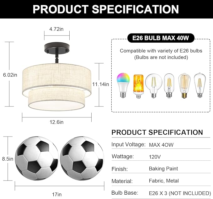 3-Light Semi Flush Mount Ceiling Light, 12.6 Inch Drum Black Chandelier Fabric Metal Kitchen Light Fixture, Dimmable Dining Room Light Fixture E26 Base Chandeliers for Living Room Bedroom