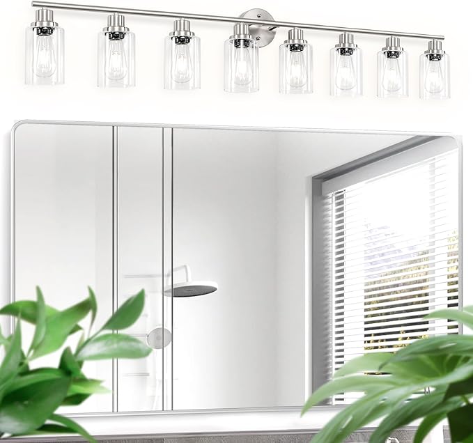 8-Light Brushed Nickel Vanity Lights, Modern Bathroom Light Fixtures with Clear Glass Shade, Wall Lamps for Mirror Kitchen Hallway Cabinet Living Room Sconces Lights - E26