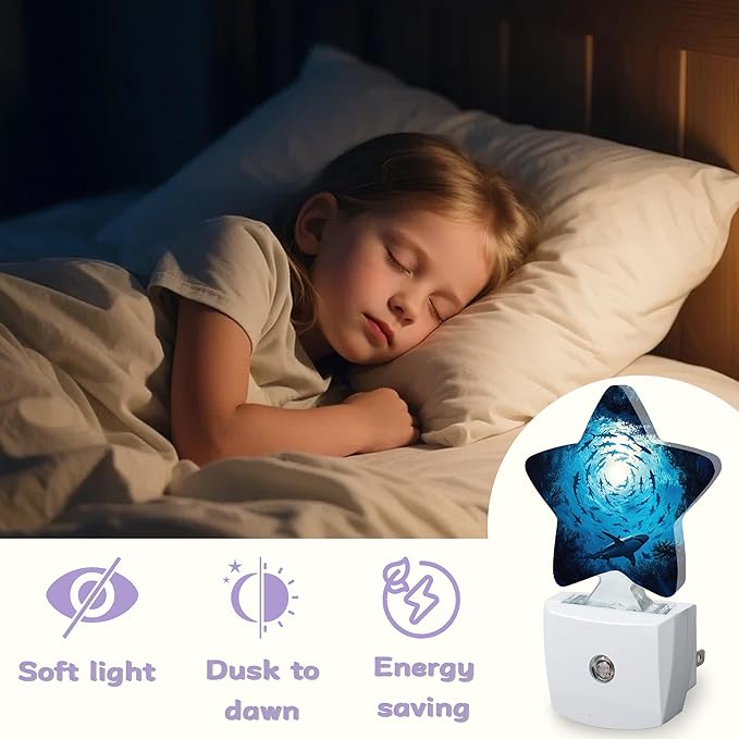 Large Sharks Night Lights Plug Into Wall,Underwater Vortex Dusk to Dawn Light Sensor Night Light for Kids,Energy Efficient Sleep Friendly Lamp for Bedroom Bathroom Nursery