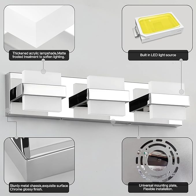SOLFART Vanity Lights for Bathroom, Dimmable Bathroom Light Fixtures, Chrome 3 Lights Vanity Lights for Bathroom, High-End Modern LED Light