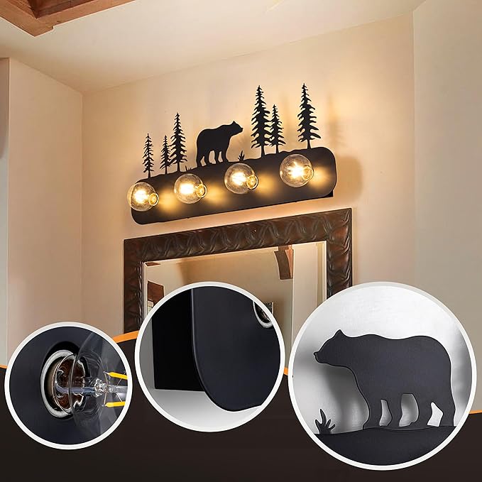 TOCHIC Rustic Bathroom Light Fixtures, 4 Lights Farmhouse Bathroom Vanity Light Over Mirror Dimmable, Western Bear Sconces Wall Lighting for Mirror Cabinets, Powder Room, Living Room, Black, 26”L