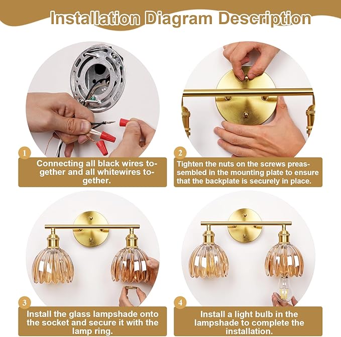 Vintage Bathroom Light Fixtures,2-Light Hardwired Vanity Lights with Amber Tulip Glass Shade,Gold Bathroom Vanity Light for Mirror Restroom,E26 Socket,14.57 in(Bulbs Not Included)