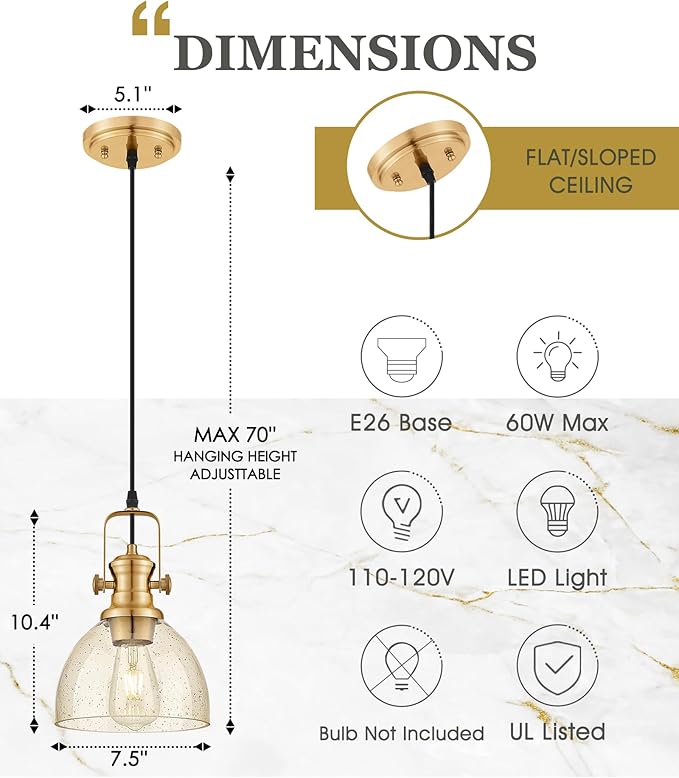Pendant Lights Kitchen Island, 7.5" Farmhouse Pendant Lighting with Amber Seeded Glass Shade, Vintage Hanging Light Fixtures for Dining Room, Brushed Gold, AD-22151-1P-GD-OR