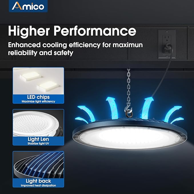 Amico 6 Pack UFO LED High Bay Light 200W 28,000lm 5000K with UL Listed US Hook 5' Cable Alternative to 650W MH/HPS for Gym Factory Barn Warehouse Lighting Fixture