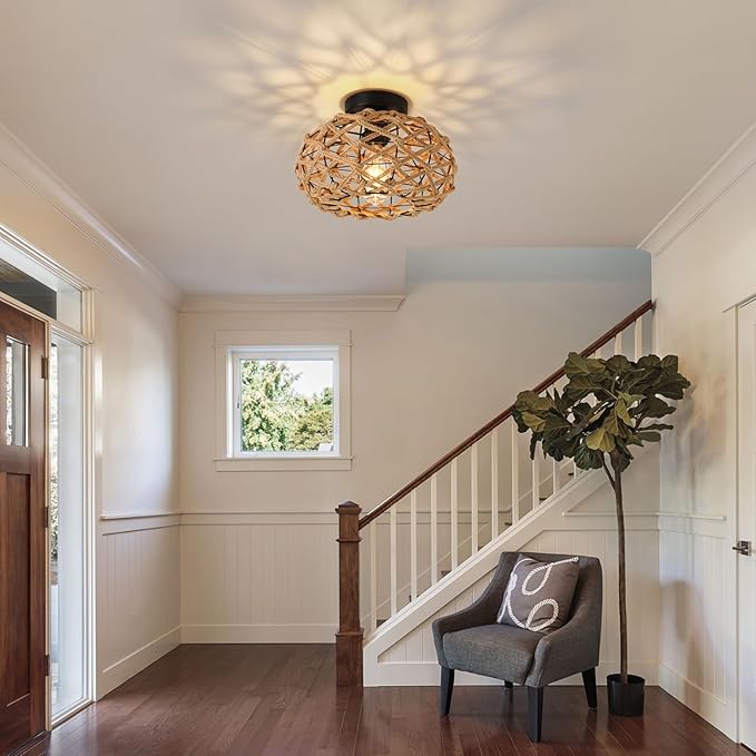 Rattan Ceiling Light Fixtures, Woven Wicker Semi Flush Mount Ceiling, Coastal Boho Rattan Light for Farmhouse Bedroom Hallway Entryway Kitchen