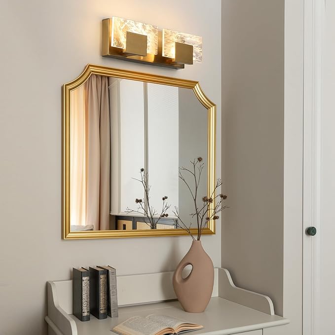 LED Bathroom Vanity Light: 16 inch Brushed Gold Acrylic Modern Lighting Fixtures - 2 Lights Contemporary Smoke Design Wall Lights Fixture Over Mirror 3000K