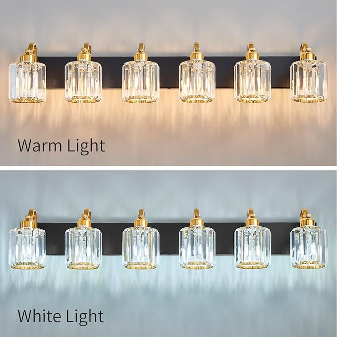 Modern Bathroom Vanity Light 6-Lights Black Gold Crystal Wall Light Fixture with Round Shade Over Mirror (Exclude Bulb)