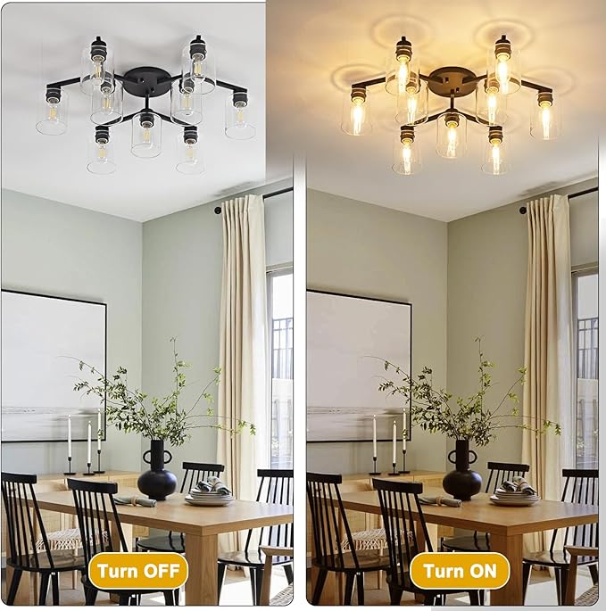 9 Light Kitchen Lighting Fixtures Ceiling Black Semi Flush Mount Ceiling Light Fixture Large Living Room Lighting Cieling Lamps for Dining Room Living Room Light Fixture with Clear Glass Shades