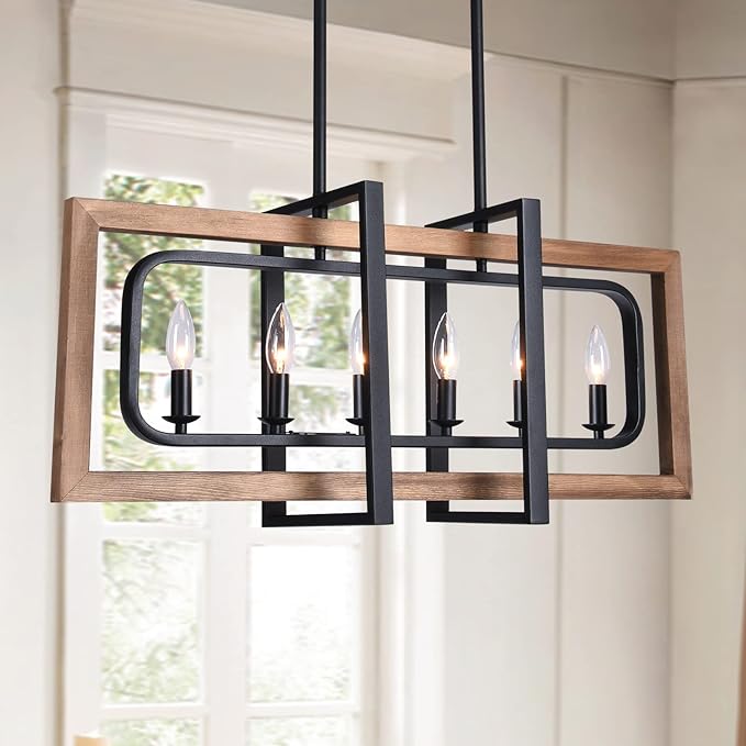 Farmhouse Chandelier Rustic Kitchen Island Light Fixture, Industrial Pendant Lighting Fixtures Wood and Metal for Dining Room Pool Table