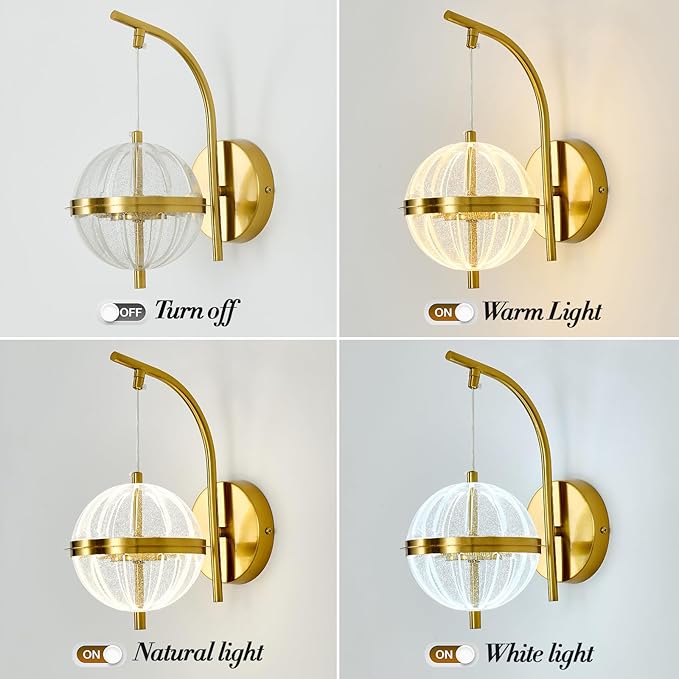 UOFUS Gold Wall Sconce with Globe Acrylic Shade Mid Century Modern LED Wall Light Fixture 12W 3000K/4000K/6000K Temperature Adjustable Super Bright Bathroom Vanity Light for Bedroom Hallway