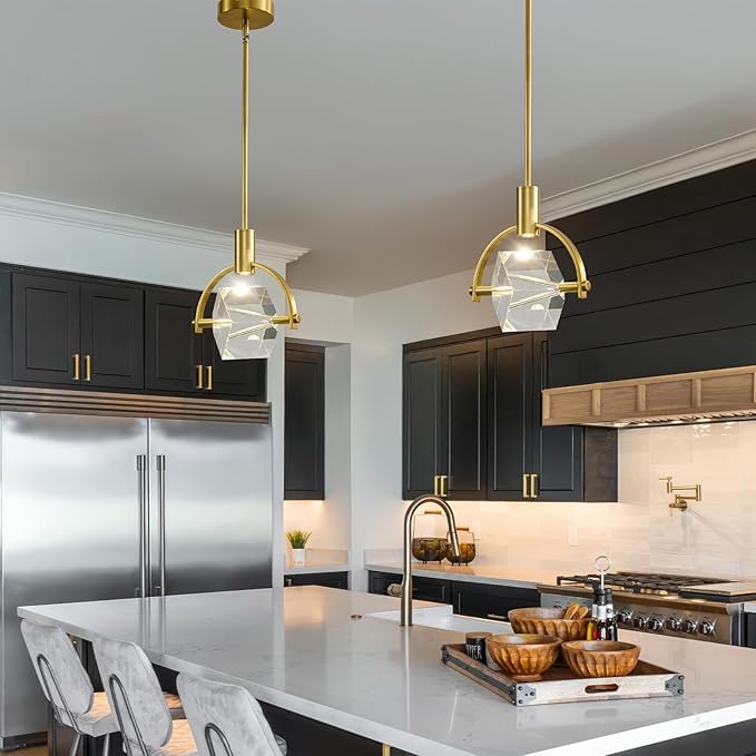 Modern Crystal Led Pendant Light: Semicircle K9 Crystals Hanging Lighting Over Kitchen Island - Brushed Gold Dimmable Pendants Light - Contemporary Pendant Lights Fixture for Sink Bedroom Bathroom