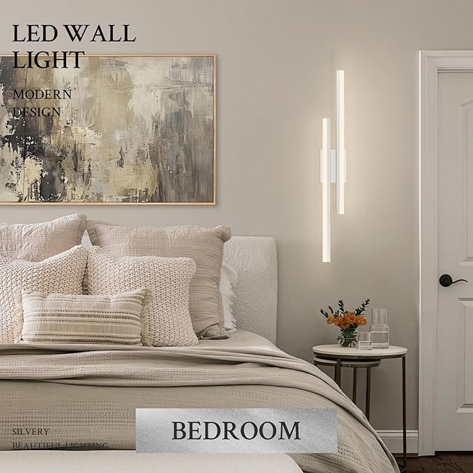 LED Wall Sconce Silver Modern Remote Wall Light Fixtures for Living Room, Dimmable LED Vanity Light Indoor Remote Wall Sconce for Bedside Bedroom Bathroom Dining Room, 31.5inch 1 Pack