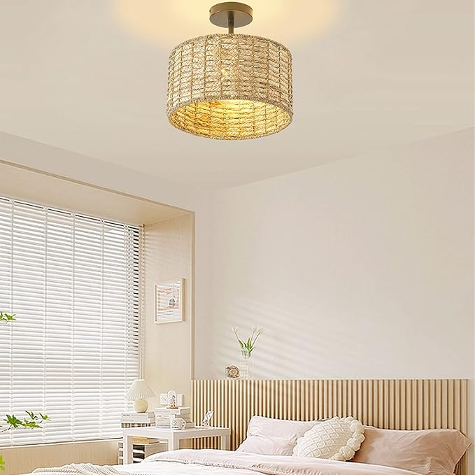 13"Rattan Ceiling Light Fixture Flush Mount, 2-Light Boho Rattan Hand-Woven Ceiling Light Fixtures Drum Wicker Chandelier Light Fixture for Dining Room Bedroom Living Room Hallway Foyer Kitchen