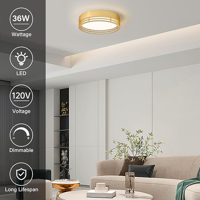 Gold Flush Mount Ceiling Light, Modern Dimmable LED Light Fixture, Minimalist Metal Ceiling Lamp for Bedroom Kitchen Laundry Room Hallway Entry 2700 K - 6000 K 5CCT 15.7 Inch