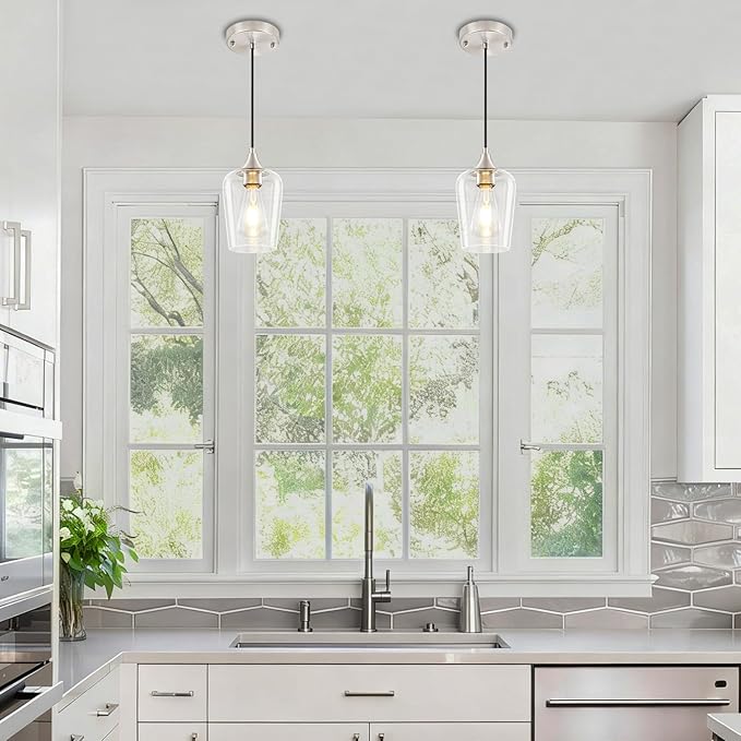 3 Pack Brushed Nickel Pendant Lights Kitchen Island, Modern Glass Pendant Lighting Over Island, Kitchen Hanging Light Fixtures Over Sink Adjustable Mini Pendant Lights for Bathroom Dining Room Hallway