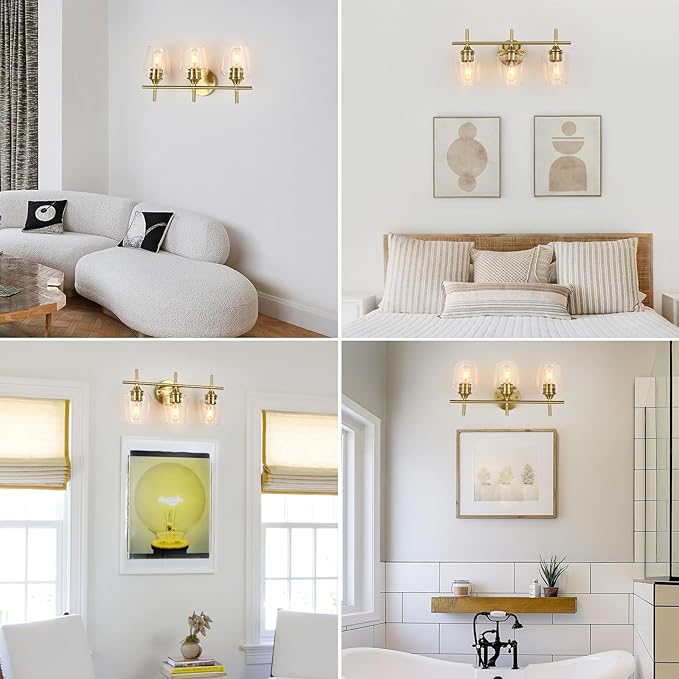 Bathroom Vanity Light Fixtures, 3-Lights Over Mirror Modern Vanity Lighting with Clear Wine Glass Shade Wall Lamp for Bedroom Hallway Living Room (Gold, 3-Light)