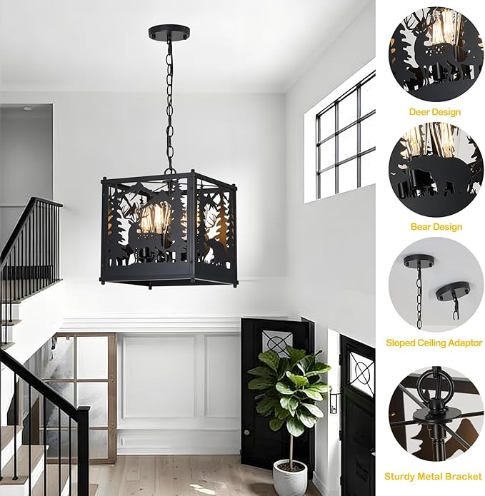 Rustic Pendant Light-Bear Deer Style, 4-Light Farmhouse Metal Chandelier Adjustable Hanging Ceiling Fixture for Dining Room, Bedroom, Kitchen, Entryway, Living Room (No Bulb Included)
