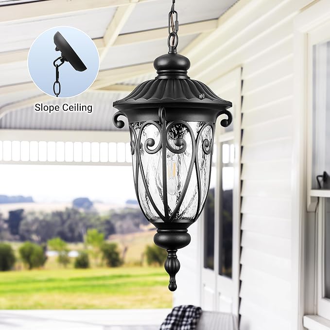 VIANIS Large Dusk to Dawn Outdoor Hanging Lights, Black Vintage Outdoor Pendant Light with Seed Glass, Waterproof, Anti-Rust Adjustable Length Chandelier, Hanging Ceiling Light for Porch, Garden, Yard