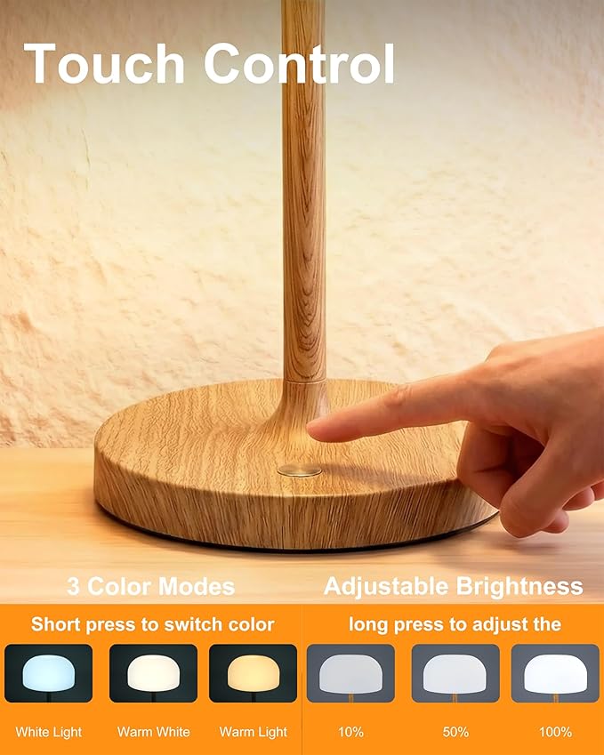 VoMii Mushroom Lamp, 9” Cordless Table Lamp Waterproof Shower Lamps with 4000mAh Battery Rechargeable & 3 Color Temperatures, Dimmable LED Night Light for Bathroom, Bedroom & Home Decor - Wood Grain