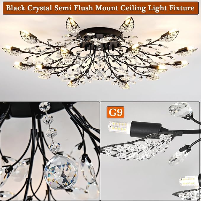 Small Crystal Chandelier Modern Semi Flush Mount Ceiling Light Fixture Black Leaves Chandeliers Lighting for Bedroom Living Room Dining Room Kitchen Hallway Foyer
