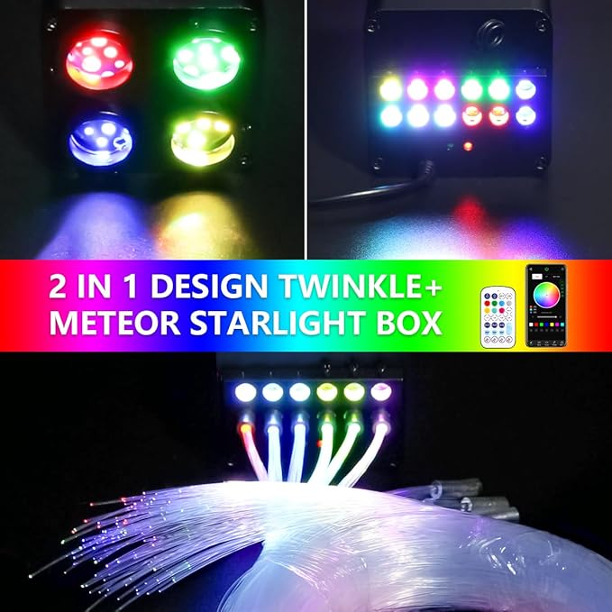 AMKI Updated 4Color Meteor Twinkle 36w Starlight Headliner Kits 900pcs 0.03in 9.8ft, 240pcs RGB Meteor Shooting Star Cable, 2 in 1 Fiber Optic Light Box RGBW Sound Activated Mode for Car& Home Decor