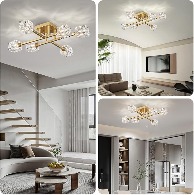 XINGQI Modern Ceiling Light Sputnik 6-Light Semi Flush Mount Ceiling Light Fixtures, Mid Century Antique Gold Chandeliers for Bedroom Dining Room Powder Room