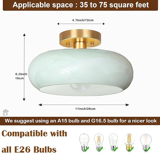 Semi Flush Mount Ceiling Light,11inch Mid Century Modern Light Fixture,Hallway Lighting Fixture with Milk Green Glass Shade,Vintage Ceiling Lamp for Kitchen,Porch,Entryway,Closet