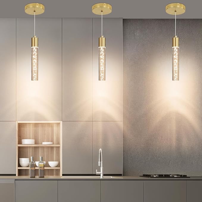 2 Pack Modern Kitchen Island Hanging Light, Gold LED Pendant Lights Fixture, Bubble Acrylic, 3 Color Temperatures, Mini Ceiling Chandelier Lighting for Dining Room, Bedroom, Foyer Entrance, Cafe Bar
