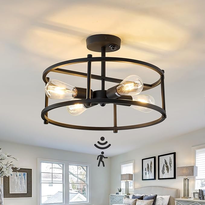 hesoge Motion Sensor Ceiling Light Indoor Industrial 4 Light Semi Flush Mout Ceiling Light Fixture Black Overhead Light for Entryway Hallway Closet Porch Front Farmhouse