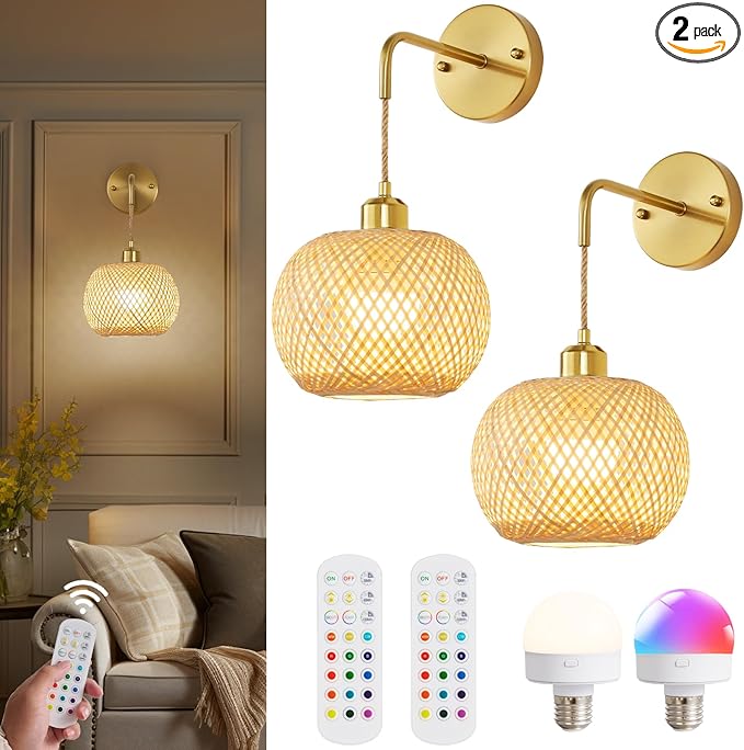 Vitnucrol Battery Operated Wall Sconces Set of 2 with Remote, Rechargeable Boho Rattan Battery Powered Wall Lights/Lamps, Wireless Lighting Fixtures for Bedroom Farmhouse, 15 Colors Dimmable, Gold