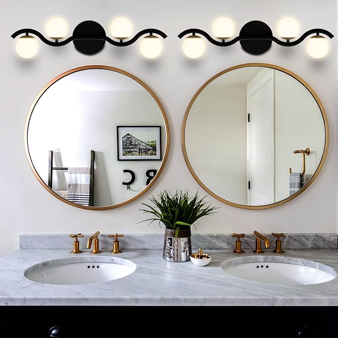 Lightdot 4-Light Bathroom Light Fixtures, 27" Modern Black Vanity Light with White Globe Water/Shatterproof Shades/S-Frame, Rust-Proof Bathroom Wall Lamp for Mirror Living Room Kitchen Cabinet Hallway