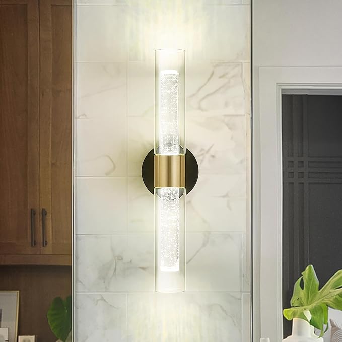 kudos Black and Gold Bathroom Light Fixtures,Modern Led Wall Sconce Light with Crystal Bubble and Clear Glass, 3000K/4500K/6000K Adjustable, KDVL05-BG-2