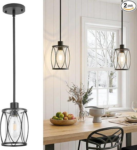 Glass Pendant Lights Kitchen Island Black Pendant Light Fixtures Adjustable Modern Mini Hanging Light with Clear Glass for Sink Dining Room Foyer Entryway Bar, 2 Pack