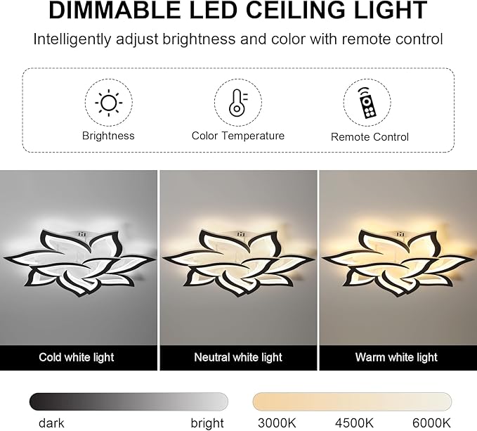 JAYMP 31.5" Flower Shaped Ceiling Light Dimmable Modern Ceiling Lamp Remote Control LED Lighting Fixture for Living Room Bedroom Dining Room (Black/10 Petals)