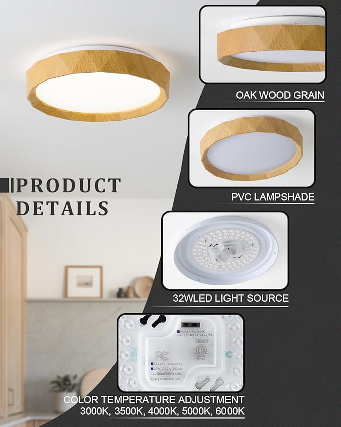 ANYLOVE 15 inch LED Flush Mount Ceiling Light Fixture,3000K 4000K 5000K Adjustable Ceiling Lights, Farmhouse Oak Wood Grain Ceiling Light for Bedroom Hallway Bathroom Kitchen