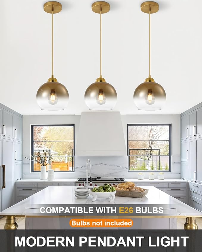 Modern Gradient Gold Glass Pendant Light，7.8-Inch Globe Adjustable Hanging Pendant Light for Bedroom Kitchen Island Dining Room Stairwell