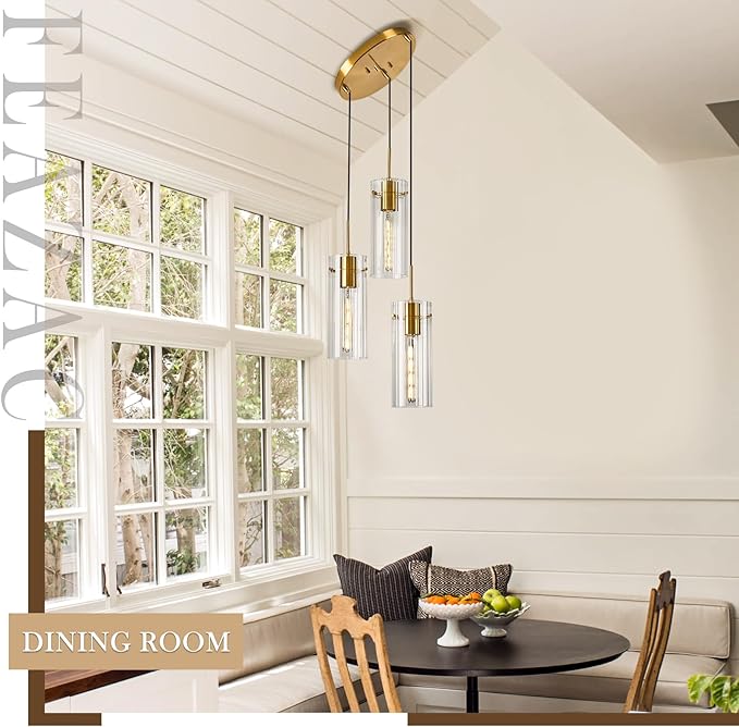 Brushed Gold Pendant Light Fixtures, 3-Light Modern Cluster Pendant Lights with Clear Striped Glass Shade, Farmhouse Brass Chandelier for Kitchen Island Dining Room Foyer