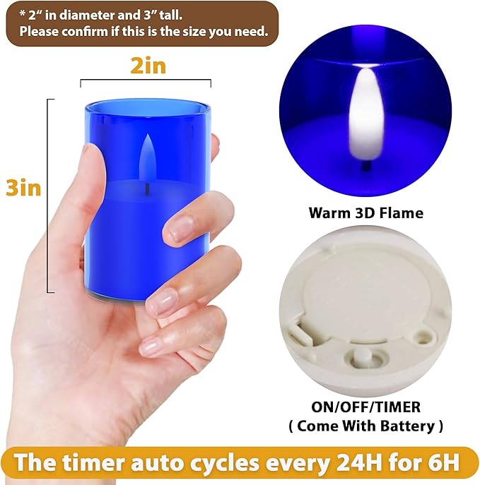VIODAIM 12Pack Flickering Flameless LED Candles with Timer, Battery Powered - Small Pillar & Votive, Acrylic Made, Blue (2"X3")