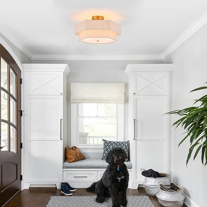 Modern Semi Flush Mount Ceiling Light 18" Modern Gold Drum Ceiling Lighting Fixture with Linen Shade Vintage Ceiling Lamp for Living Room, Bedroom, Kitchen, Dining Room, Hallway, and Entryway
