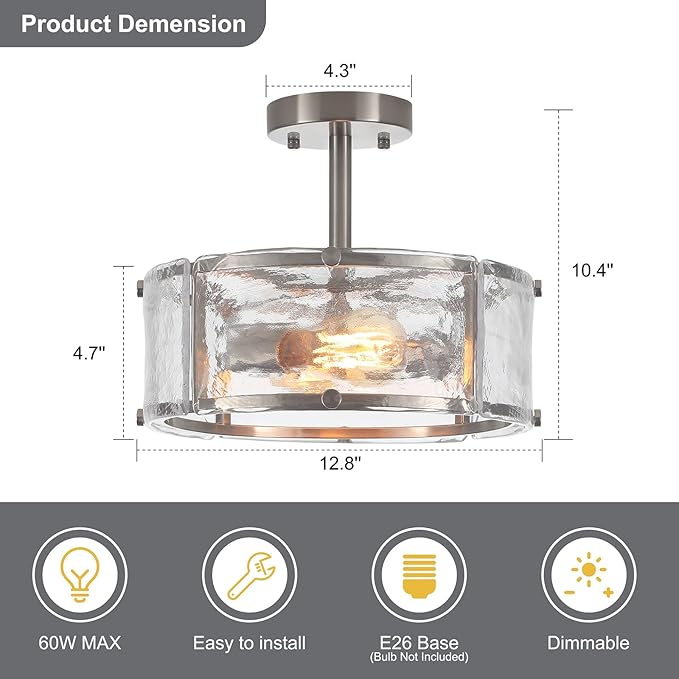 Modern Semi Flush Mount Ceiling Light Fixture, Brushed Nickel Dining Room Light Fixture, 2-Light Glass Foyer Lighting Fixtures 12.8" Small Ceiling Lights for Hallway Living Laundry Room Bedroom