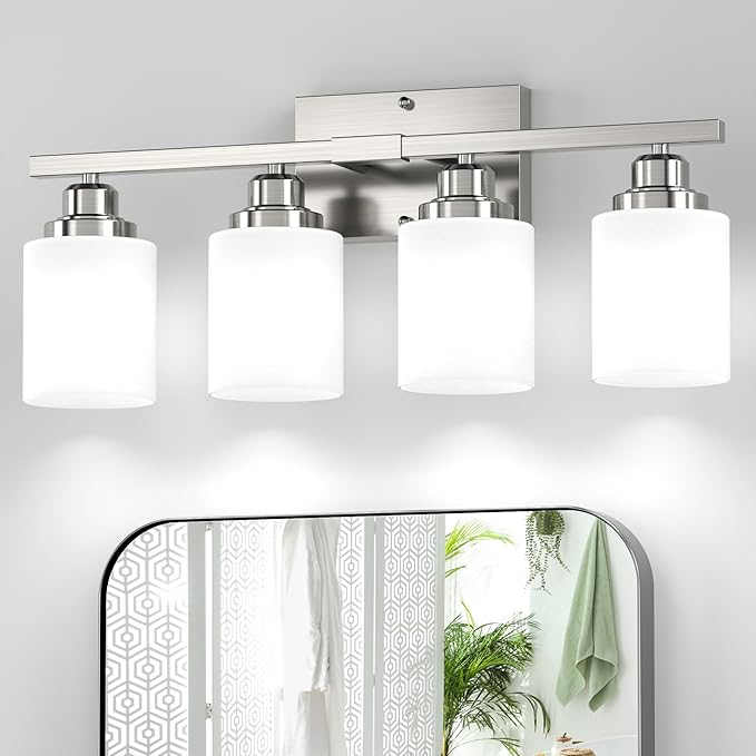 Sailstar Bathroom Light Fixtures, Brushed Nickel Vanity Light Over Mirror, 4-Light Wall Sconces with Milky White Frosted Glass Shades, Wall Lamp for Bedroom, Living Room, E26 Base (Bulbs Not Included)