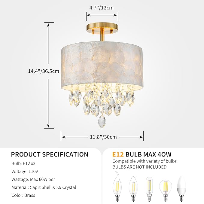 3-Light Capiz Shell Crystal Drum Ceiling Light, Coastal Style Close to Ceiling Light Fixture for Dining Room, Living Room & Bedroom, D12*H14 inch, Clear Crystal & Gold Finish