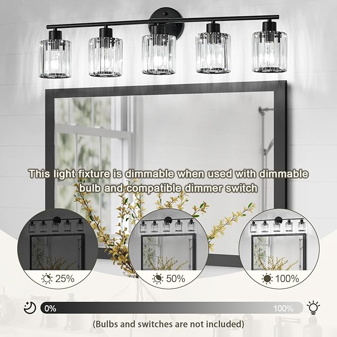 Crystal Bathroom Light Fixtures, Bathroom Lighting Fixtures Over Mirror, Modern Black 5-Light Vanity Lights for Mirror,Restroom, Bedroom (Ceramic E26 Socket,Bulbs Not Include)