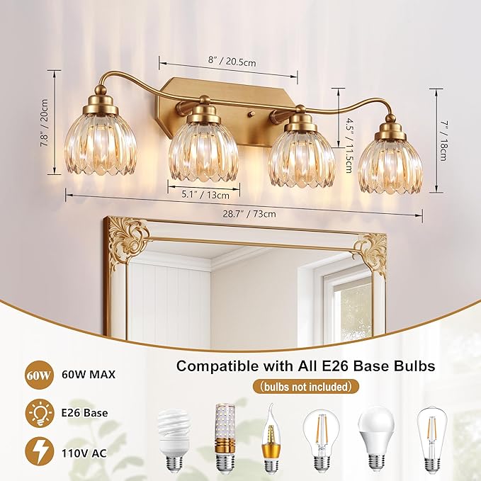 Vintage Bathroom Light Fixtures, 4 Light Gold Bathroom Vanity Light, Matte Antique Brass Finish with Amber Crystal Glass Shade, Wall Sconces Lighting for Bedroom, Living Room（Amber-colored Glass）